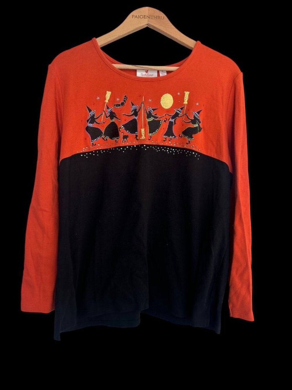Quacker Factory Womens XL Orange Black Halloween Witches Long Sleeve Top
